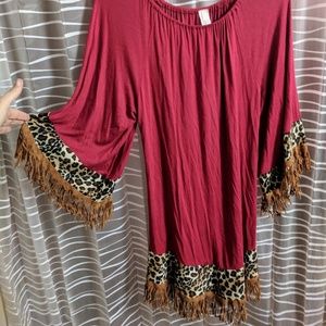 Boutique Tunic w/leather fringe and leopard print